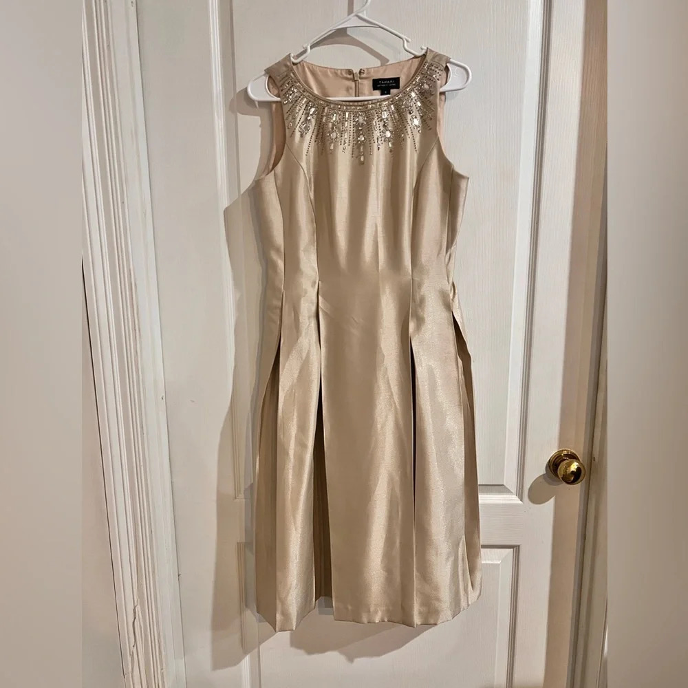 Tahari ASL Beige Midi Dress with Metallic Accents